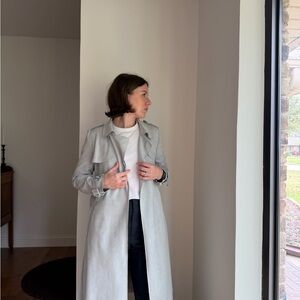 Joan Vass Light Gray Blue Faux Leather Trench Coat